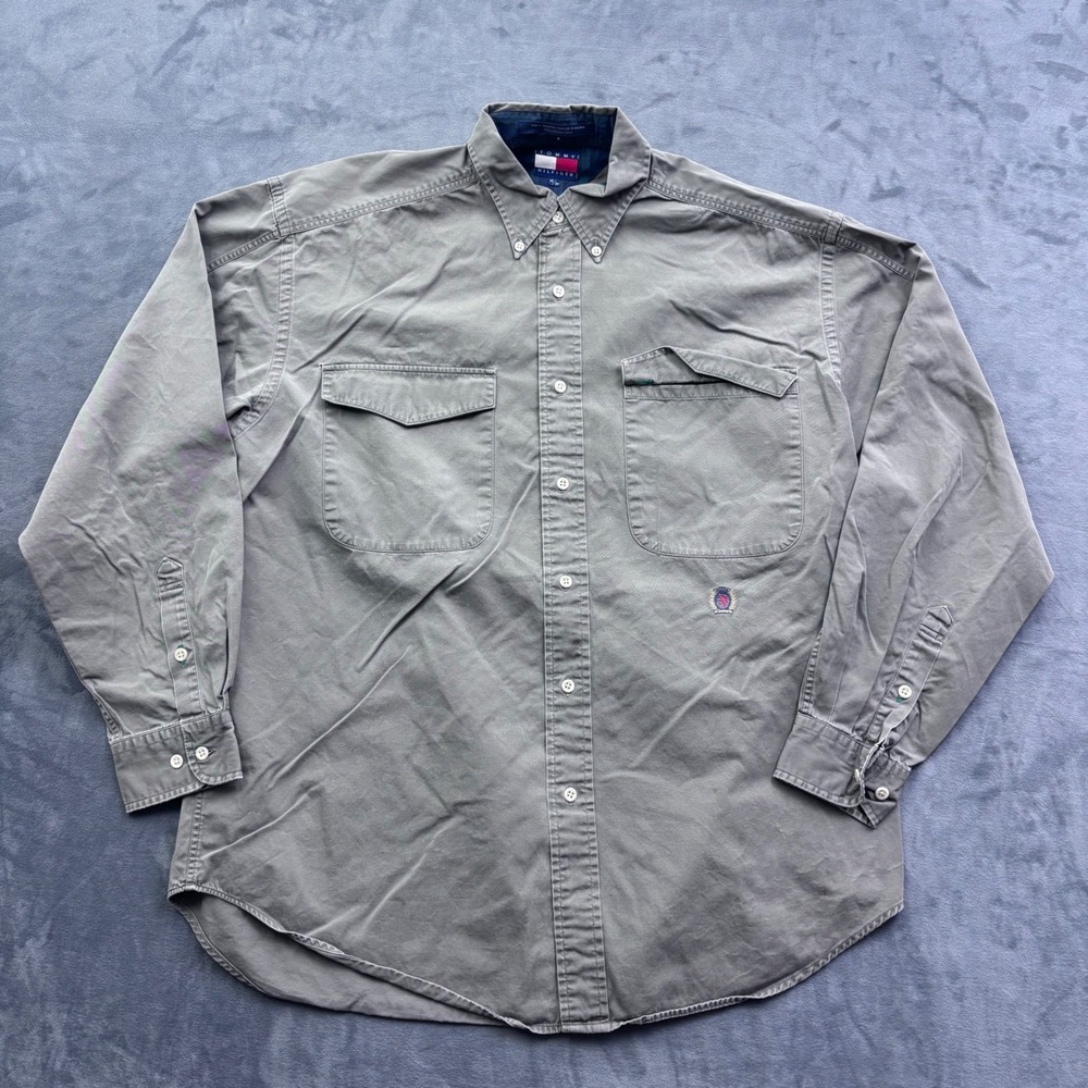 Tommy Hilfiger Vintage Mens Olive Green Cotton Twill Button Down Shirt Medium